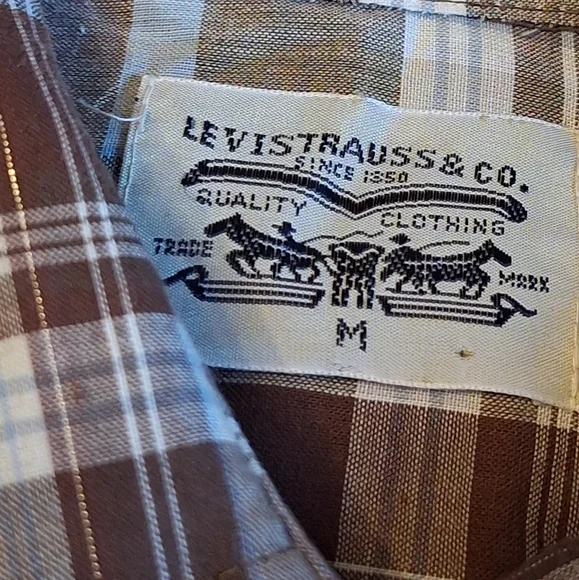 LeviStrauss & Company Brown Plaid Long Sleeve Shirt With Shimmery Gold Threading - Picture 7 of 14